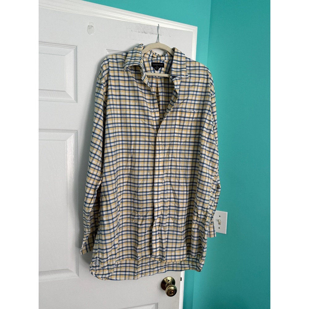 Lands End Mens Tall 17.5 37 Plaid Button Down Shirt Blue Long Sleeve Cotton